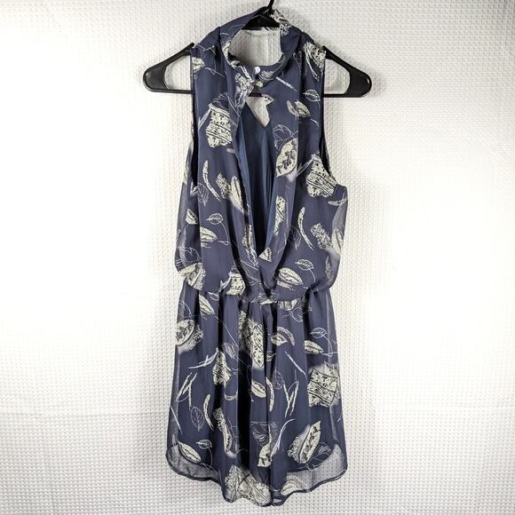 Final Touch USA Medium Navy Halter Dress Sleeveless Abstract Leaf Print V-Neck - Picture 5 of 5